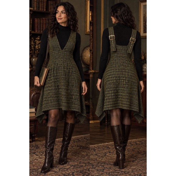 Dresses & Skirts - MONA NWT Wool Blend Houndstooth Pinafore Dress EU 42 Asymmetrical Buckle